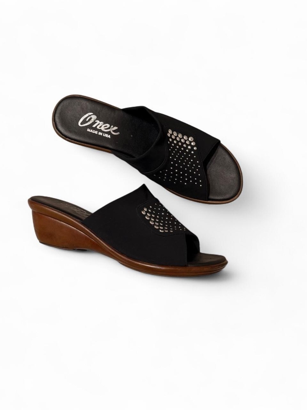 Onex Black Slip-On Wedge Mules with Stud Accents Size 10